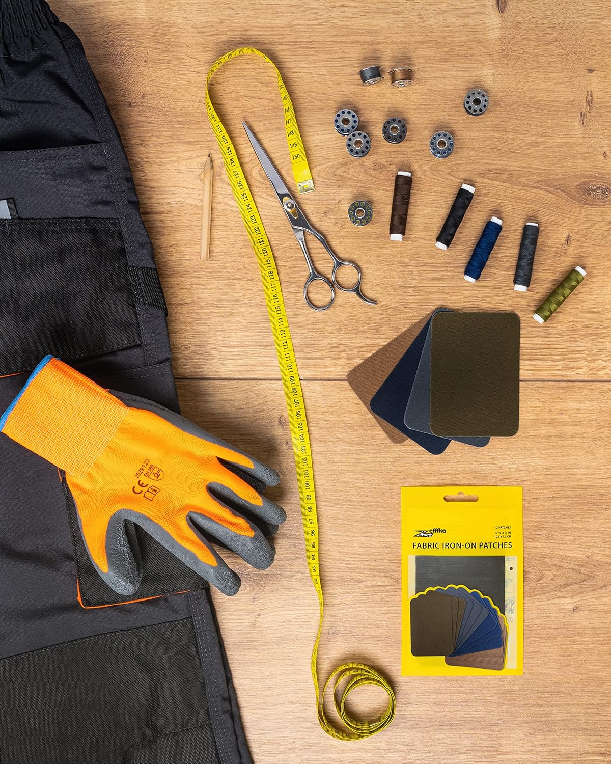 ZEFFFKA Premium Quality Fabric Iron-on Patches Inside & Outside Strongest Glue 100% Cotton Deep Blue Khaki Gray Brown Repair Decorating Kit 12 Pieces Size 3" by 4-1/4" (7.5 cm x 10.5 cm)