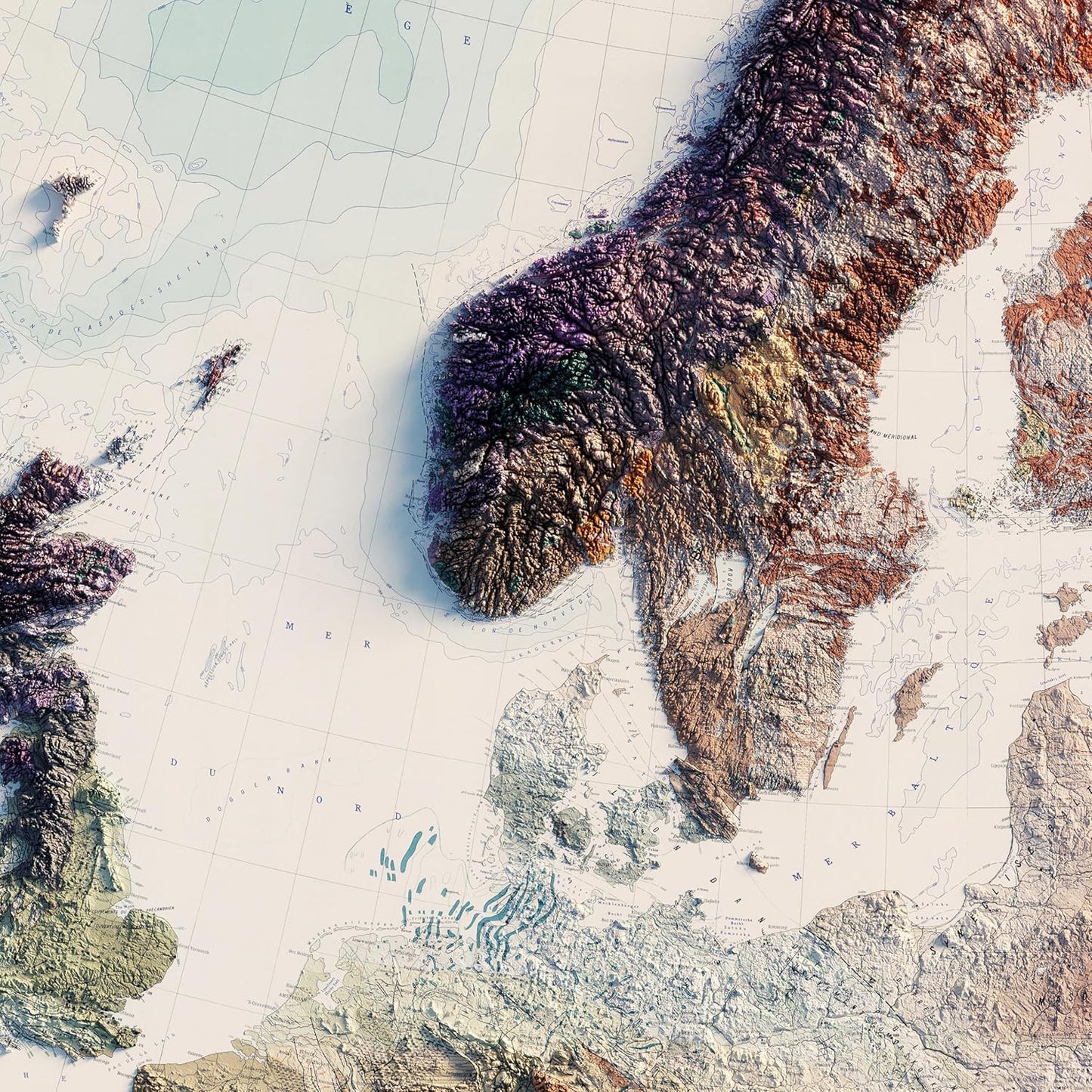 Muir Way Shaded Relief Elevation Map of Europe - Vintage-Style Topographic Wall Art with Map Look - Unframed Flat Paper Print, 48x40