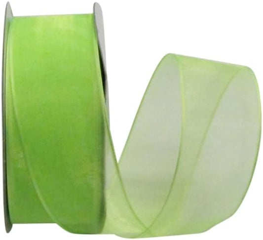 Ribbon Bazaar Sheer Organza Wired Ribbon - 100% Polyester Wire Edged Ribbon for Floral Decor, Table Arrangements, Apparel Embellishment & More - 1-1/2" Apple Green 25yd