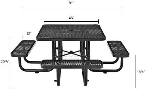 Global Industrial 46" Square Picnic Table, Expanded Metal, Black Thermoplastic Coating, Attached Benches, 1-1/2” Umbrella Pole Hole, Outdoor-Rated, 1000 lb Capacity