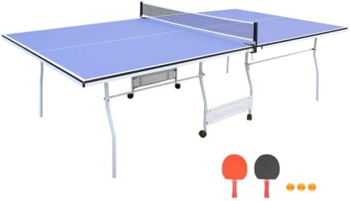 8ft/9ft Mid-Size Table Tennis Table Foldable & Portable Ping Pong Table Set for Indoor Games with Net, 2 Table Tennis Paddles and 3 Balls