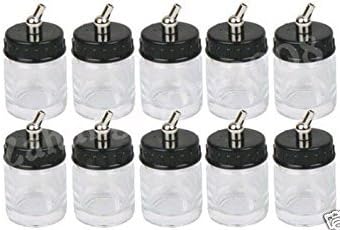 Master Airbrush (Pack of 10) TB-002 Empty 3/4 Ounce (22cc) Glass Jar Bottles with 30° Down Angle Adaptor Lid Assembly - Fits Dual-Action Siphon Feed Airbrushes, Use with Master, Badger, Paasche, Iwata
