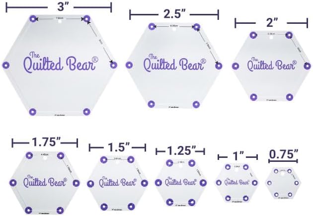 The Quilted Bear Hexagon Quilting Templates – 8 Clear Non-Slip Acrylic Quilt Templates for Precise Fabric Cutting & Stress-Free Machine Quilting - Ideal for Quilt & Sewing Supplies (¾–3")