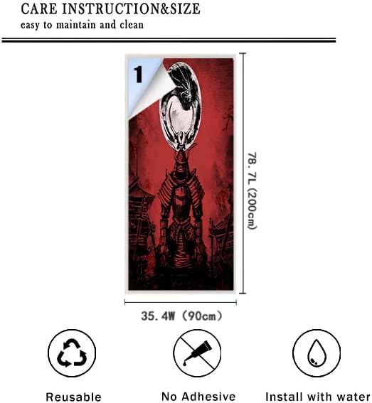 Japanese Samurai Window Film Abstract Vintage Samurai Blossom Dragon Full Moonstained Glass Window Film,Playroom Window Film,Nursery Window Film 35.4Wx78.7L-Inch X1Pcs