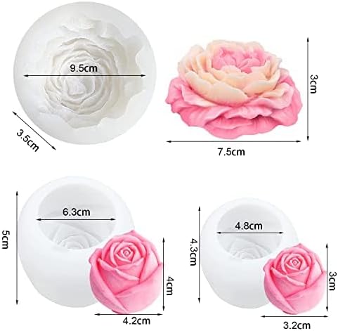 3 Pcs Peony Flower Silicone Candle Molds Set, 3D Peony and Rose Silicone Resin Soap Molds, Flower Fondant Silicone Mold for Handmade Cake Decoration Chocolate Epoxy Casting Resin Craft