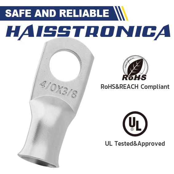 haisstronica 10pcs 4/0 AWG - 3/8"(M10) Tinned Copper Battery Lugs