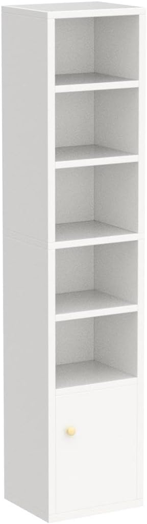 IOTXY Small Narrow Corner Bookcase - 59" Tall Free Standing Gap Storage Cabinet, 6 Lattices Open Shelves Tower Rack with Door, Cubes Bookshelf, White
