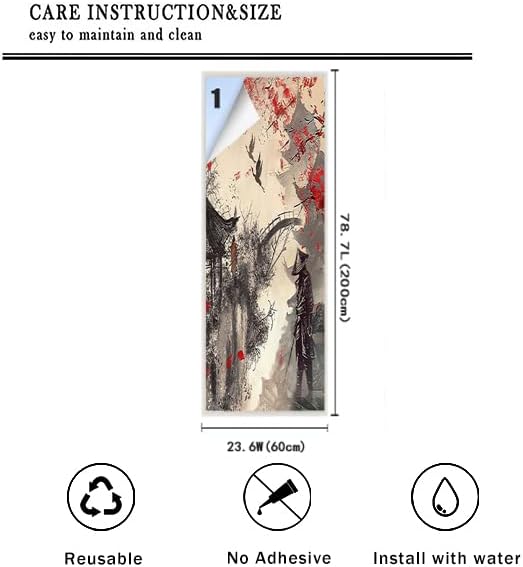Vintage Japanese Samurai Air Window Film Watercolor Ink Ancient Cherry Blossom Red Sunblackout Window Film,Playroom Window Film 23.6Wx78.7L-Inch X1Pcs