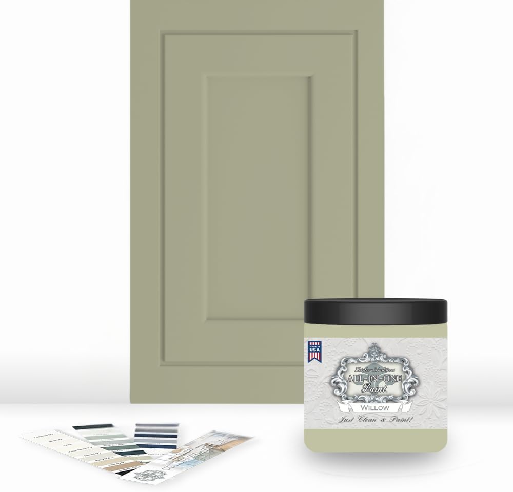ALL-IN-ONE Paint, Durable cabinet and furniture paint. Built in primer and top coat, no sanding needed. Includes our 30 featured color card - Willow, 8oz Sample