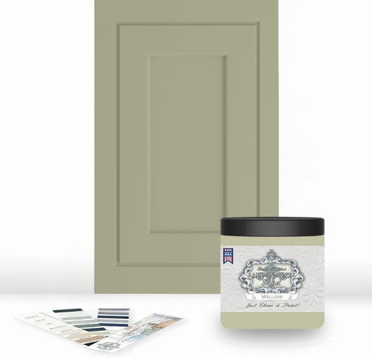 ALL-IN-ONE Paint, Durable cabinet and furniture paint. Built in primer and top coat, no sanding needed. Includes our 30 featured color card - Willow, 8oz Sample