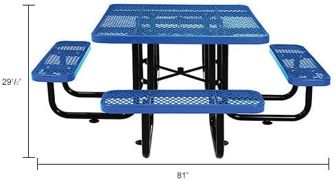 Global Industrial 46" Square Picnic Table, Expanded Metal, Blue Thermoplastic Coating, Attached Benches, 1-1/2” Umbrella Pole Hole, Outdoor-Rated, 1000 lb Capacity