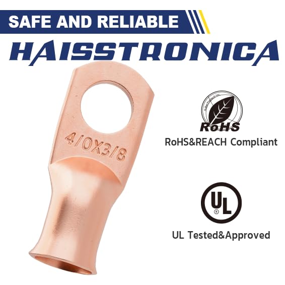 haisstronica 10pcs 4/0 AWG - 3/8"(M10) Battery Cable Lugs, Heavy Duty Copper Wire Lugs with 10pcs 3:1 Adhesive Heat Shrink Tubing, 0000 Gauge Wire Lugs, Battery Terminal Connector, Battery Cable Ends