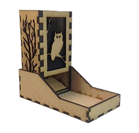 Owl Mini Dice Tower v1 Smoke Acrylic Window Laser Cut MDF Unique Gift