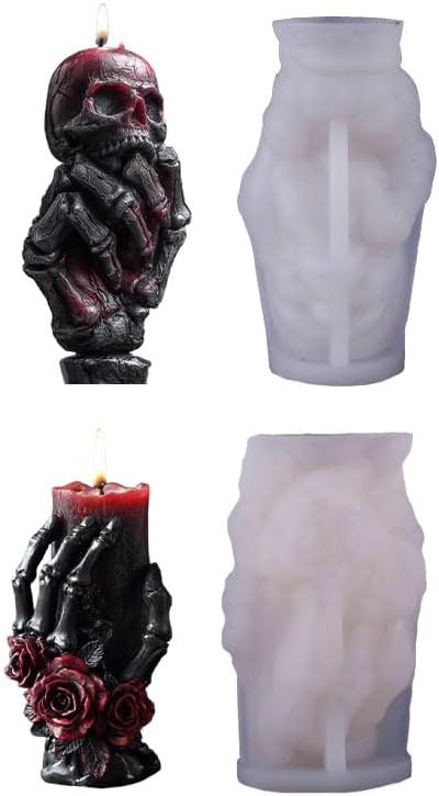 2 Pcs Halloween Skull Candle Molds 3D Skull Resin Molds, Ghost Hand Silicone Molds for Epoxy Resin Casting, Aromatherapy Soap Candle Making Molds