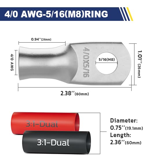 haisstronica 10pcs 4/0 AWG - 5/16"(M8) Tinned Copper Battery Lugs