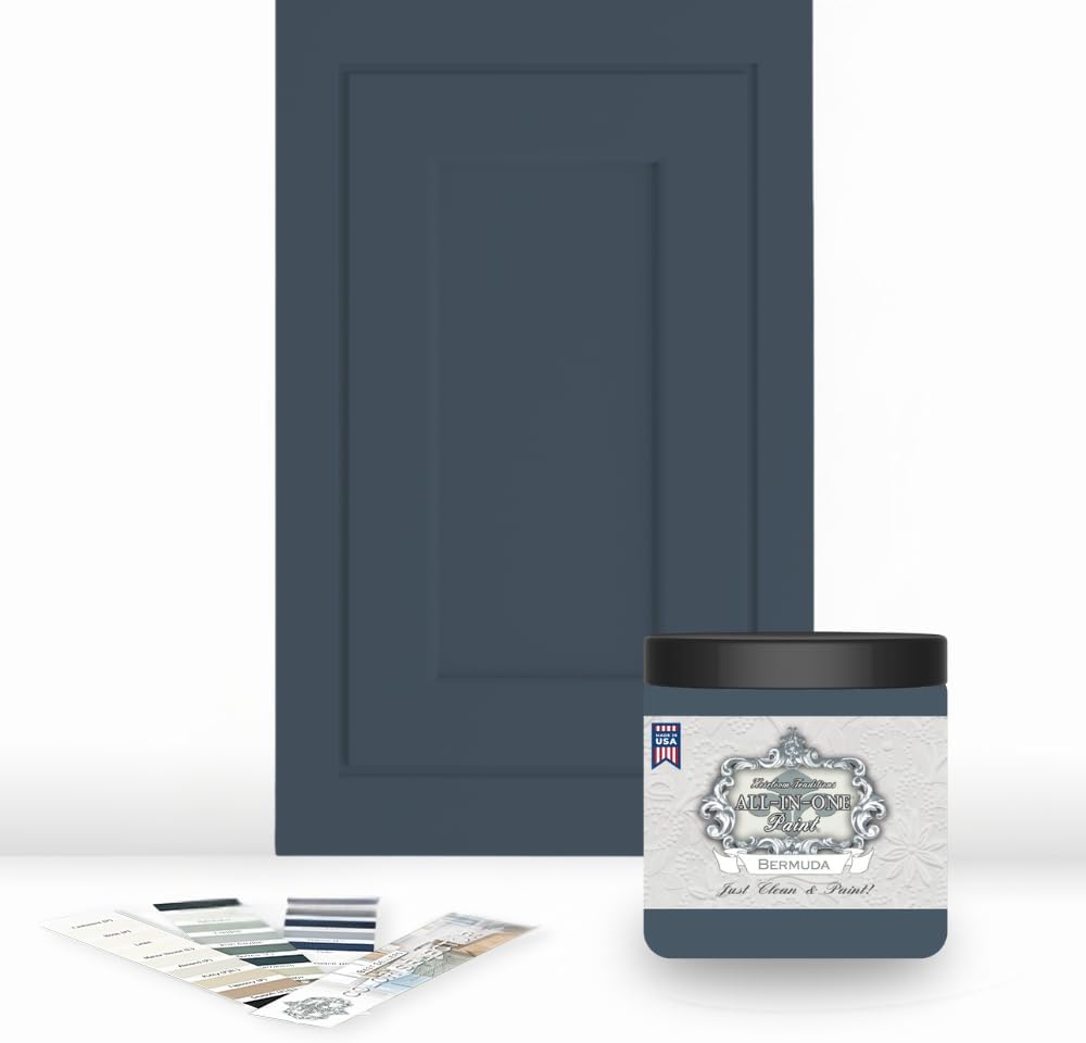ALL-IN-ONE Paint, Durable cabinet and furniture paint. Built in primer and top coat, no sanding needed. Includes our 30 featured color card - Bermuda, 8oz Sample