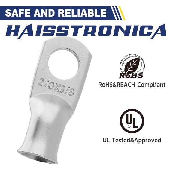 haisstronica 10pcs 2/0 AWG - 3/8"(M10) Tinned Copper Battery Lugs