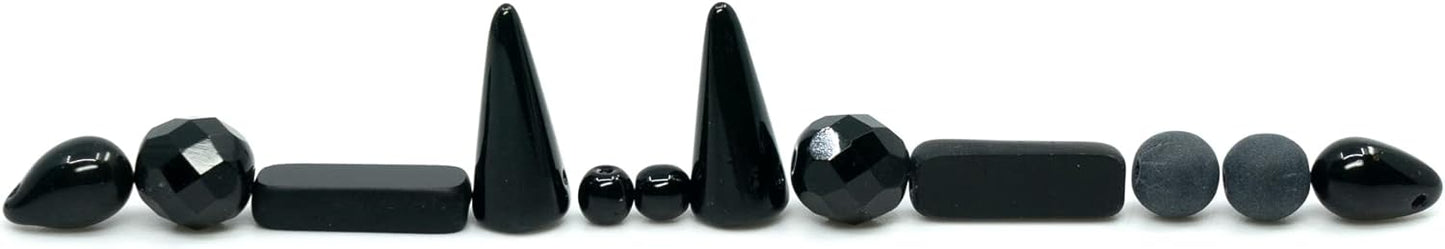 2.1oz (60g) of Glass Bead Mix with Drops, Table-Cut and fire Polish Czech Beads, Glossy & Matte Black