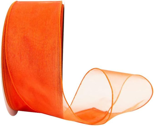Ribbon Bazaar Sheer Organza Wired Ribbon - 100% Polyester Wire Edged Ribbon for Floral Decor, Table Arrangements, Apparel Embellishment & More - 2-1/2" Orange 50yd