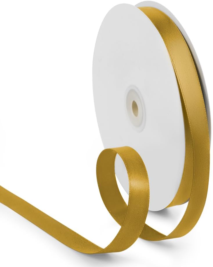5/8 Inch 100 Yards Satin Ribbon Gold, Solid Color Fabric Ribbon for Gift Wrapping, Wedding, Polyester Gift Ribbon for Birthday Party Decoration, Craft, Hair, Floral, Sewing