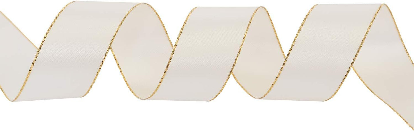 ITIsparkle 1" Inch Double Faced Satin Ribbon 25 Yards with Gold Edges, 1" X 25Yd - Ivory
