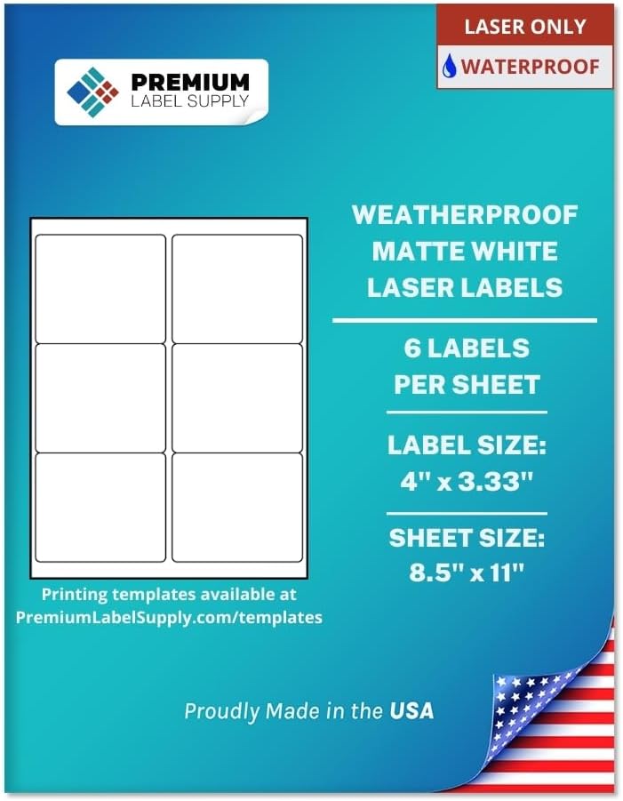 Premium Label Supply Waterproof Matte White Sticker Labels – 4" x 3.33" – Laser Printers Only – (6 per Sheet), 10 Sheets - 60 Total Adhesive Labels