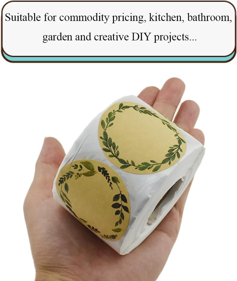 HAHIYO 2In 500P Round Natural Brown Kraft Stickers with Green Leaf Wreath Design - 4 Unique Styles Blank Kraft Labels Roll to Write On Durable Dot Stickers for Jar Canning Price Tags Store Organizing