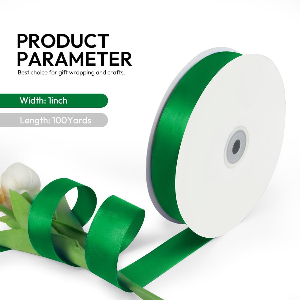 1 Inch 100 Yards Satin Ribbon Green, Solid Color Fabric Ribbon for Gift Wrapping, Wedding, Polyester Gift Ribbon for Birthday Party Decoration, Craft, Hair, Floral, Sewing