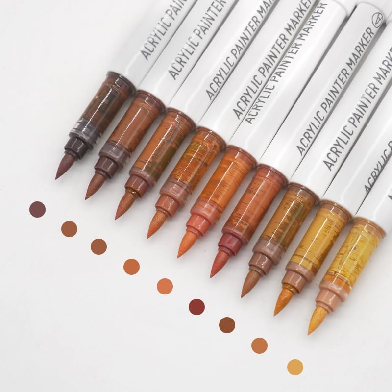 Water Based Acrylic Paint Markers, 9 Colors Acrylic Paint Pens Set with Soft Brush Tip, Marker Pen for Rock Painting, Egg, Wood, Glass, Paper, Acrylic Painter Ink (Dark Skin Series)