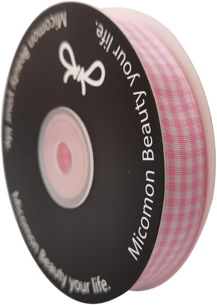 Pink Gingham Plaid Checked Ribbon 25 Yards Each Roll 100% Polyester (5/8",Pink)