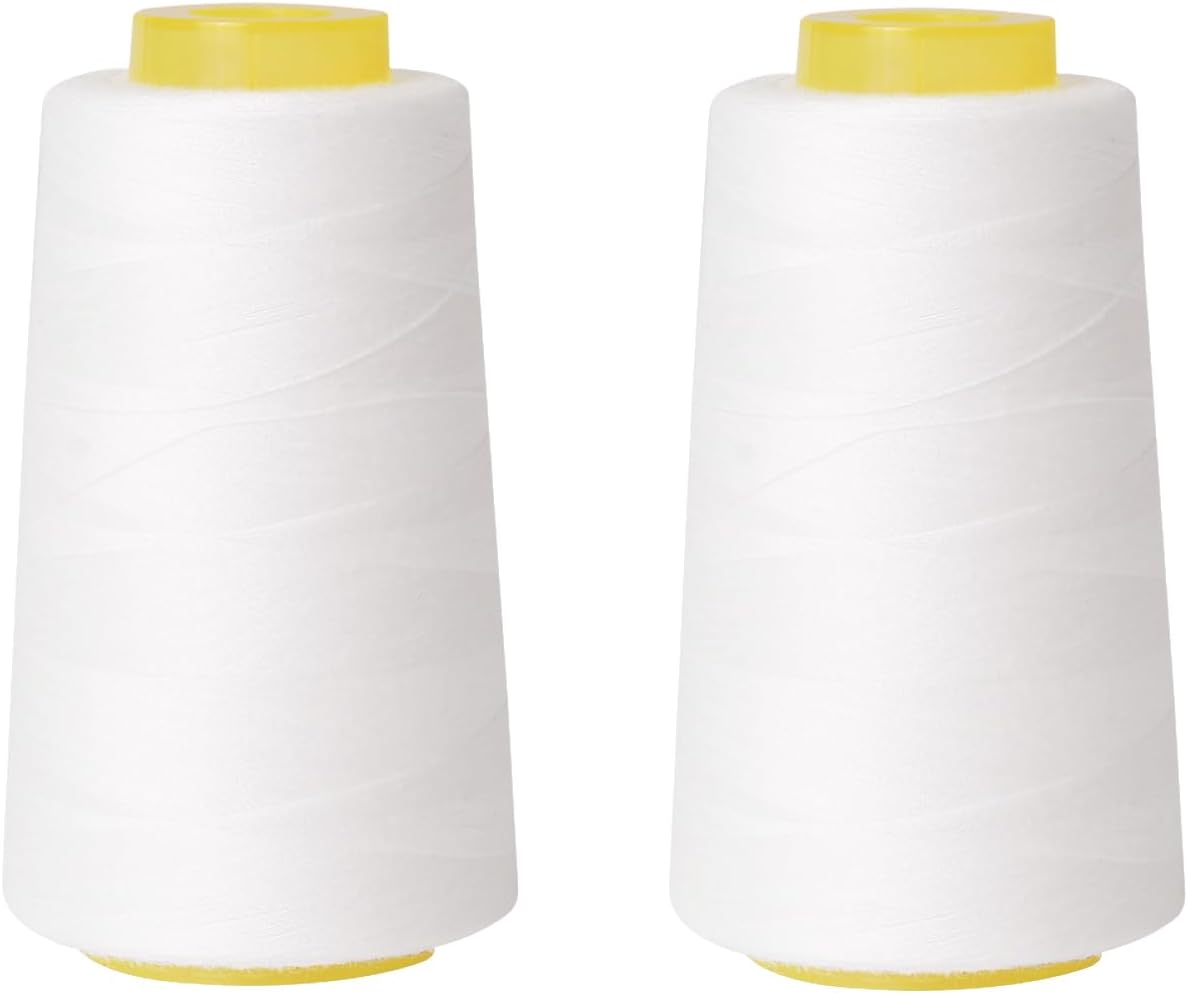 Sewing Thread Cone Set, 2 Pack Serger Thread, 3000 Yards Each, All Purpose Thread for Sewing, Quilting, Machines, Overlock, Merrow & Hand Embroidery (White*2)