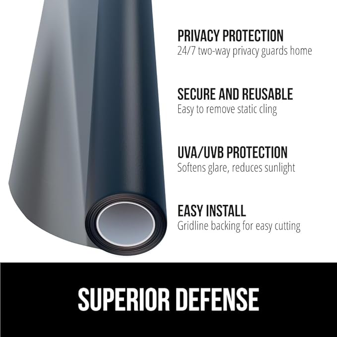 Gorilla Guard Window Privacy Film, Removable Two Way Sun Blocking, 17.5 x 118.1 Inch, Reusable No Residue Stickers, Strong Static Clings to Glass Windows, Decorative Bathroom Door Coverings, Black
