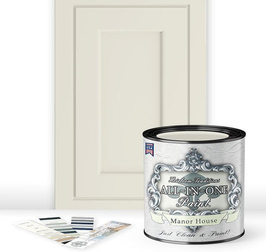 ALL-IN-ONE Paint, Durable cabinet and furniture paint. Built in primer and top coat, no sanding needed. Includes our 30 featured color card - Manor House (creamy off white), Quart