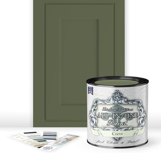 ALL-IN-ONE Paint, Durable cabinet and furniture paint. Built in primer and top coat, no sanding needed. Includes our 30 featured color card - Crete (olive green), Quart