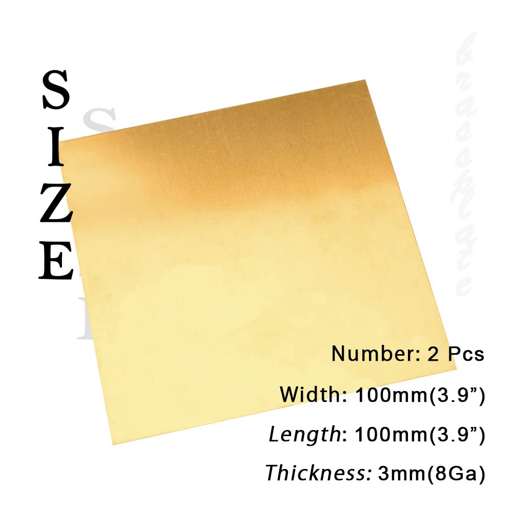 8 Gauge Brass Sheet，H62 Brass Plates Metal 0.118" Thickness x 3.9" Width x 3.9" Lenght, for Models, Crafts, Repairs, Electrical, 2Pcs