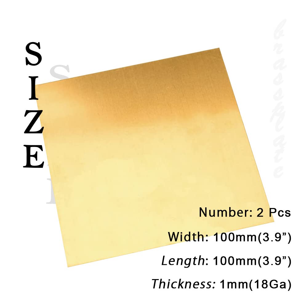 18 Gauge Brass Sheet，H62 Brass Plates Metal 0.039" Thickness x 3.9" Width x 3.9" Lenght, for Models, Crafts, Repairs, Electrical, 2Pcs