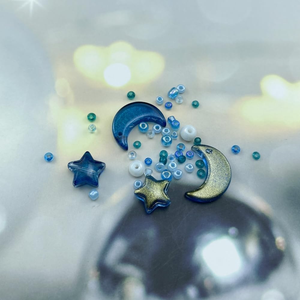 Assorted Glass Beads for Jewelry Making Multi Size Colors Glass Star Moon Seed Pearl Spacer Beads for Bracelets Necklace Earring Making(White Ink Blue)