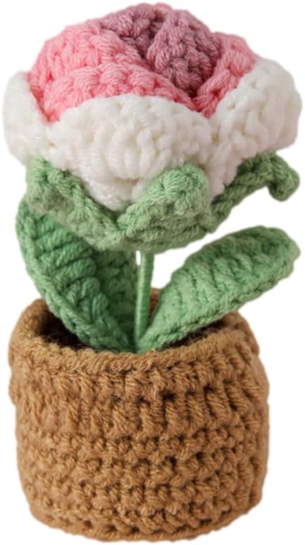 Rose Pin Cushion, Handmade Knitted Pincushions, Cute Pin Cushions Needle Holders for Sewing Quilting Accessory, DIY Crafts or Patchwork Decor.Potted White Pink Rose