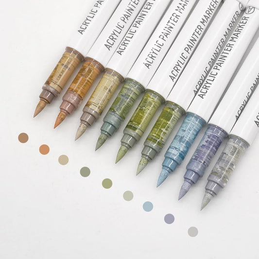 Water Based Acrylic Paint Markers, 9 Colors Acrylic Paint Pens Set with Soft Brush Tip, Marker Pen for Rock Painting, Egg, Wood, Glass, Paper, Mugs, Acrylic Painter Ink (Advanced Gray)