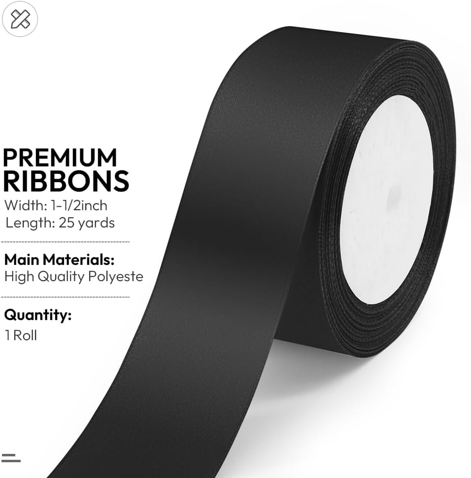 KMER LIFE Solid Color Black Satin Ribbon, 1-1/2 Inches x 25 Yards Fabric Satin Ribbon for Gift Wrapping, Crafts, Hair Bows Making, Wreath, Wedding Party Decoration and Other Sewing Projects