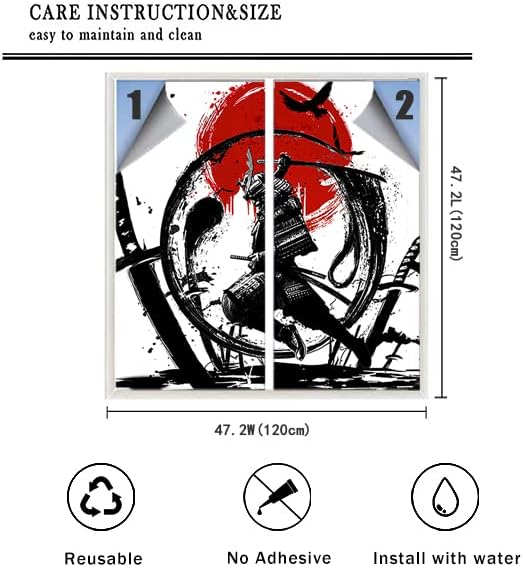 Japanese Samurai Decorative Window Film Watercolor Ink Samurai Sword Red Sun Printdining Room Window Film,Dorm Room Glass Film 23.6Wx47.2L-Inch X2Pcs