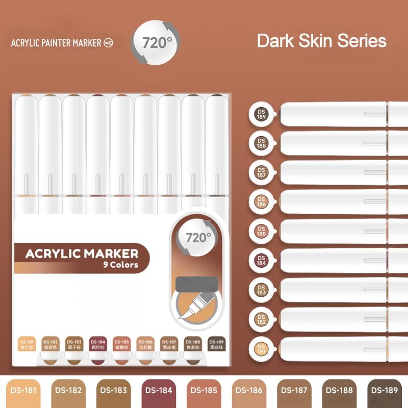 Water Based Acrylic Paint Markers, 9 Colors Acrylic Paint Pens Set with Soft Brush Tip, Marker Pen for Rock Painting, Egg, Wood, Glass, Paper, Acrylic Painter Ink (Dark Skin Series)