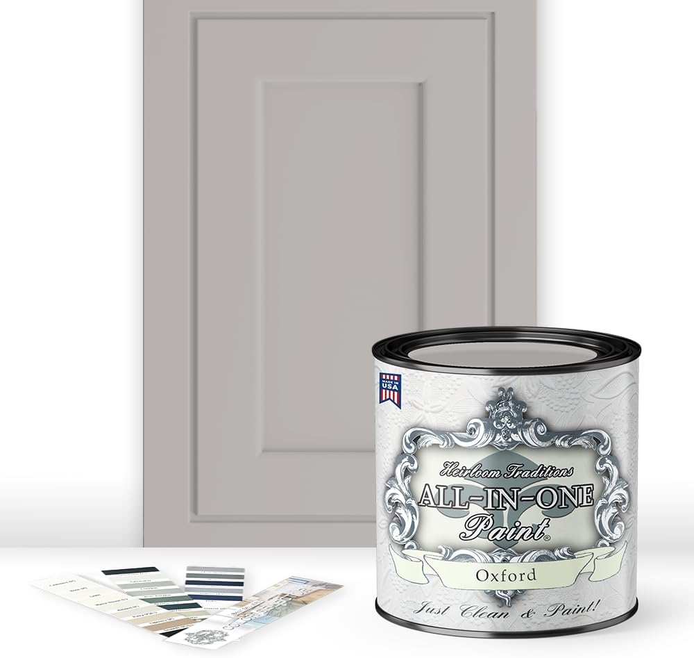 ALL-IN-ONE Paint, Durable cabinet and furniture paint. Built in primer and top coat, no sanding needed. Includes our 30 featured color card - Oxford (neutral gray), Quart