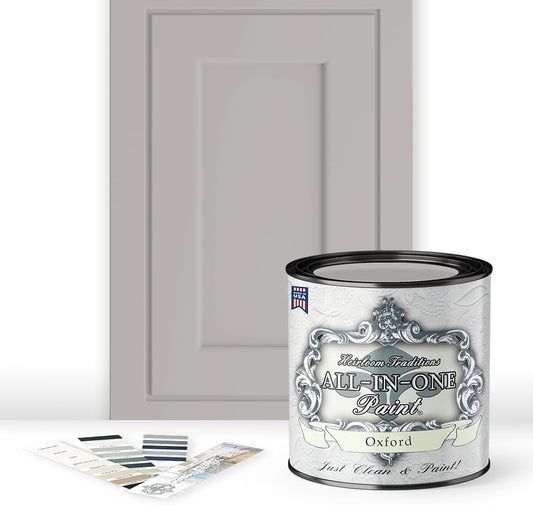ALL-IN-ONE Paint, Durable cabinet and furniture paint. Built in primer and top coat, no sanding needed. Includes our 30 featured color card - Oxford (neutral gray), Quart