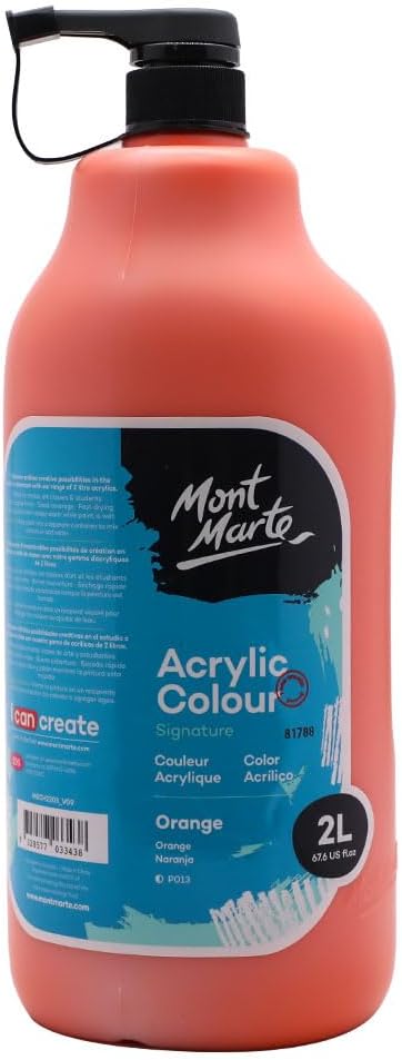 Mont Marte Discovery School Acrylic, Orange, 1/2 Gallon (2 Liter). Ideal for Students and Artists. Excellent Coverage and Fast Drying. Pump Lid Included.