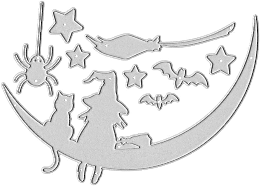 Metal Halloween Die Cuts Moon Cat Spider Star Witch Cutting Dies Embossing Stencil Template for Card Making Scrapbooking Paper Craft Album Stamps DIY Halloween Décor