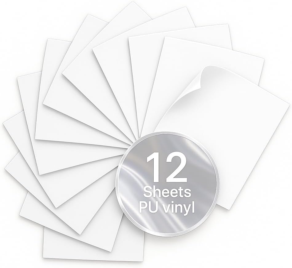 White PU Heat Transfer Vinyl, 12 Pcs 12"x10" HTV Sheets – Soft & Stretchable Iron-On Vinyl, Easy to Cut & Weed, Compatible with Cricut & Silhouette – Perfect for 4th of July Shirts & Patriotic Crafts