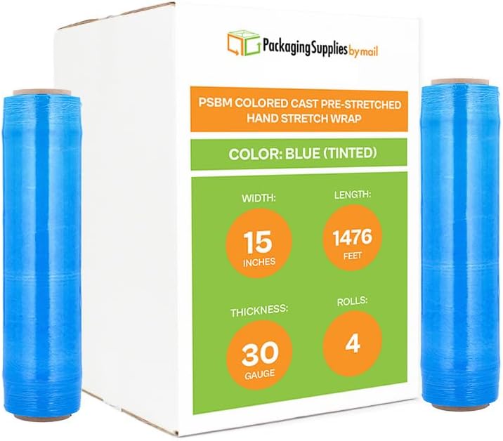PSBM Blue Stretch Wrap, 15 Inch x 1476 Feet, 4 Pack, Tinted Pre-Stretched Shrink Wrap Film for Moving, Packaging, Pallet Wrapping