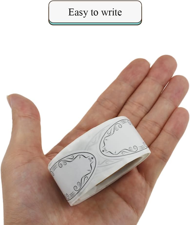 HAHIYO 1*2.25In 150P Oval White Kraft Stickers with Black Artistic Border - Timeless Design Blank Kraft Labels Roll to Write On Durable Dot Stickers for Jar Canning Labels Price Tags Store Organizing