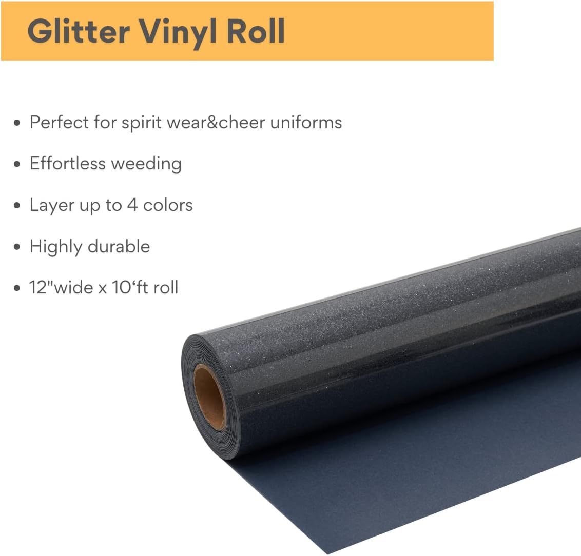 Black Glitter HTV Roll -12" x10ft Iron on Heat Transfer Vinyl for DIY Shirts Gifts